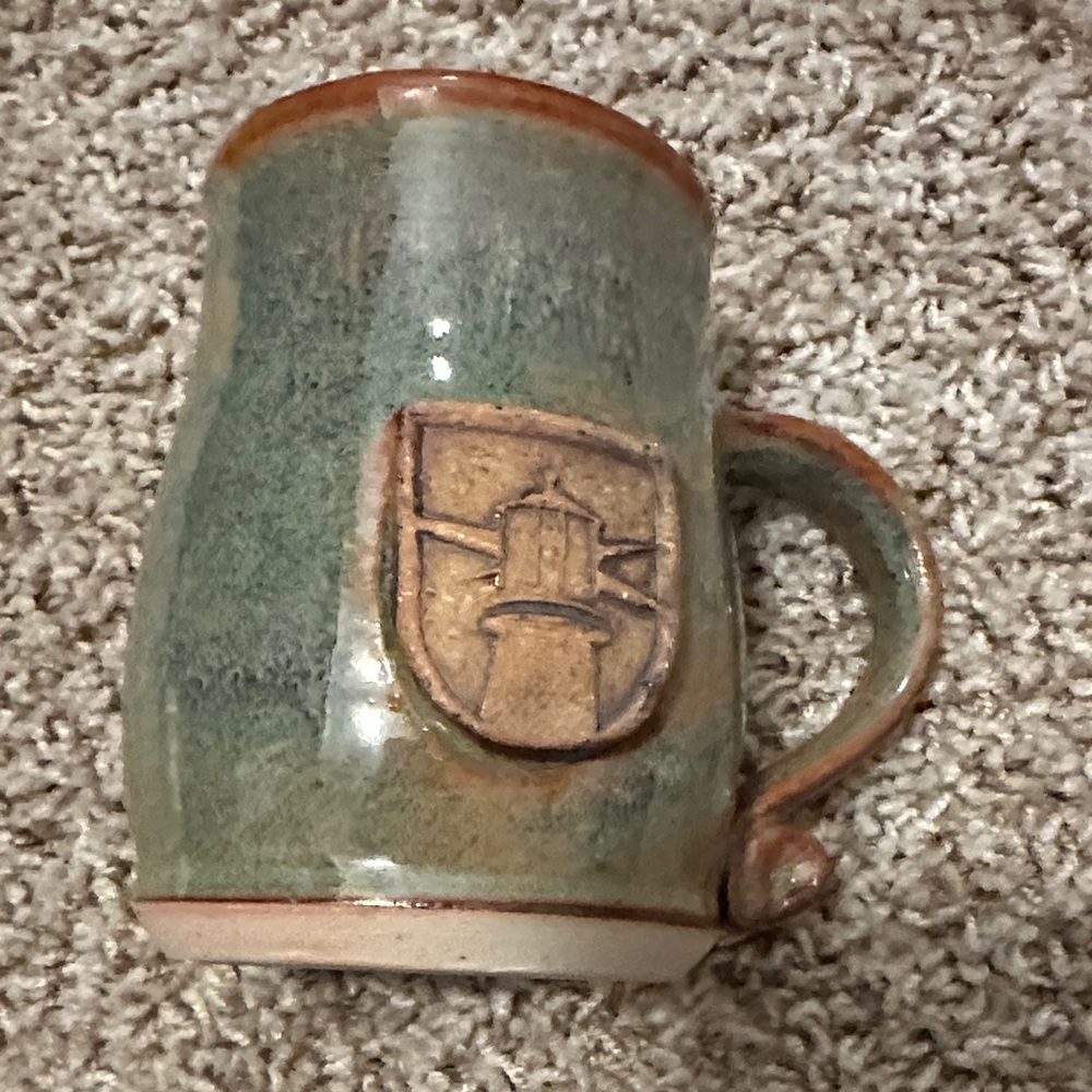Handcrafted Ceramic Mug with Lighthouse Emblem Blue Green Pottery Coastal
